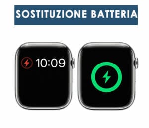 Sostituzione batteria apple watch, l'immagine mostra un apple watch con batteria esausta ed uno con batteria a piena efficenza